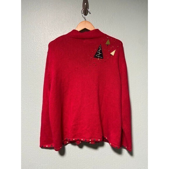 Vintage Designer Originals Studios Women's‎ Red Christmas Tree Sweater Zip Up XL - Picture 2 of 9